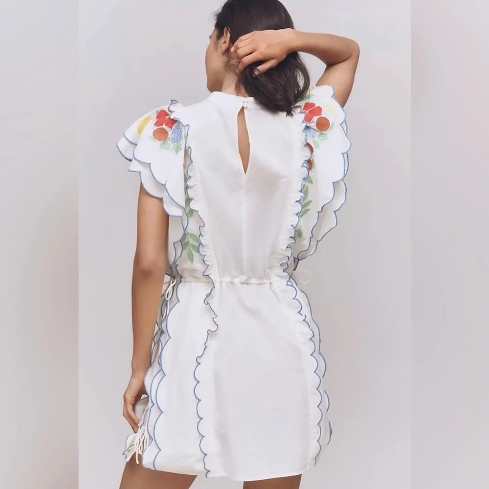 Farm Rio Anthropologie Garden Southern Cute Embroidered Cream Fruit Fern Dress S - Picture 8 of 13